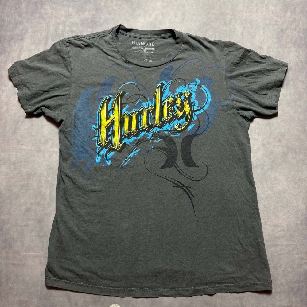 Hurley Graphic T-Shirt Mens Large Charcoal Grey Y2K Skater Premium Fit Tee
